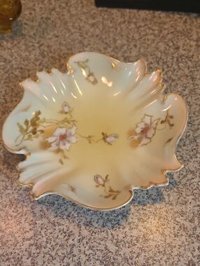 Vintage Floral Scalloped Porcelain Dish in Soft Yellow and Gold Trim